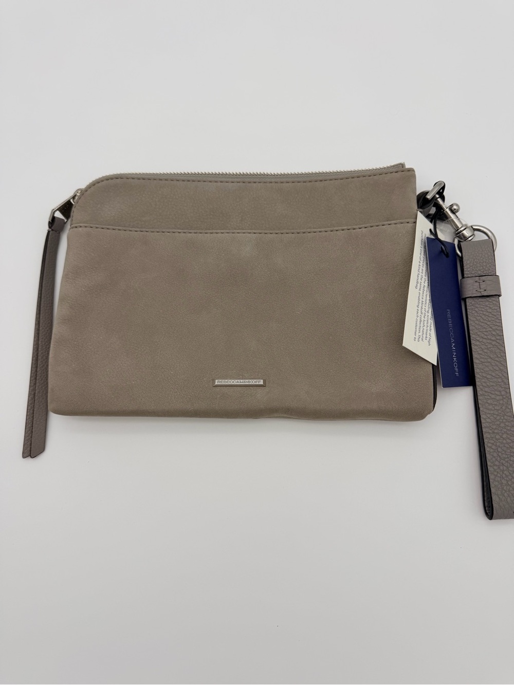 Rebecca Minkoff Suede Clutch Wristlet Taupe Gray Silver Hardware